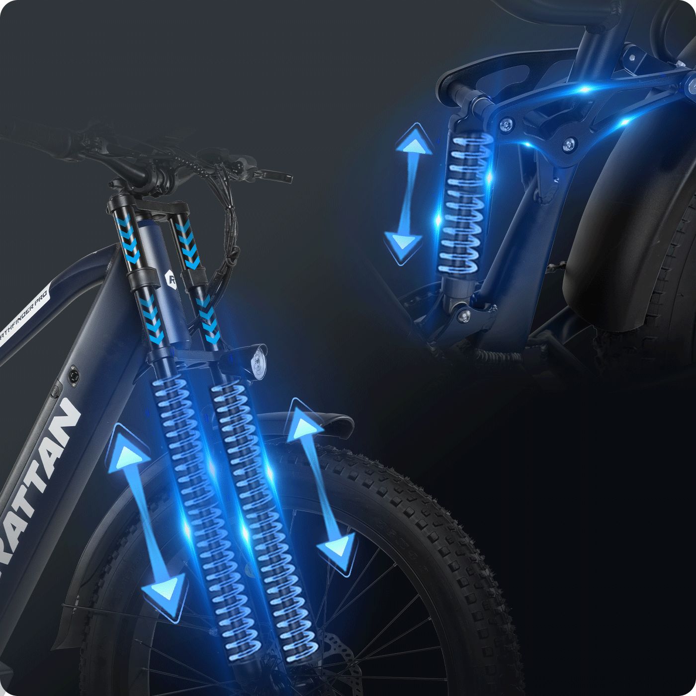 E-Bike-Federungssystem mit blauen Pfeilen, die die Federungswirkung anzeigen.