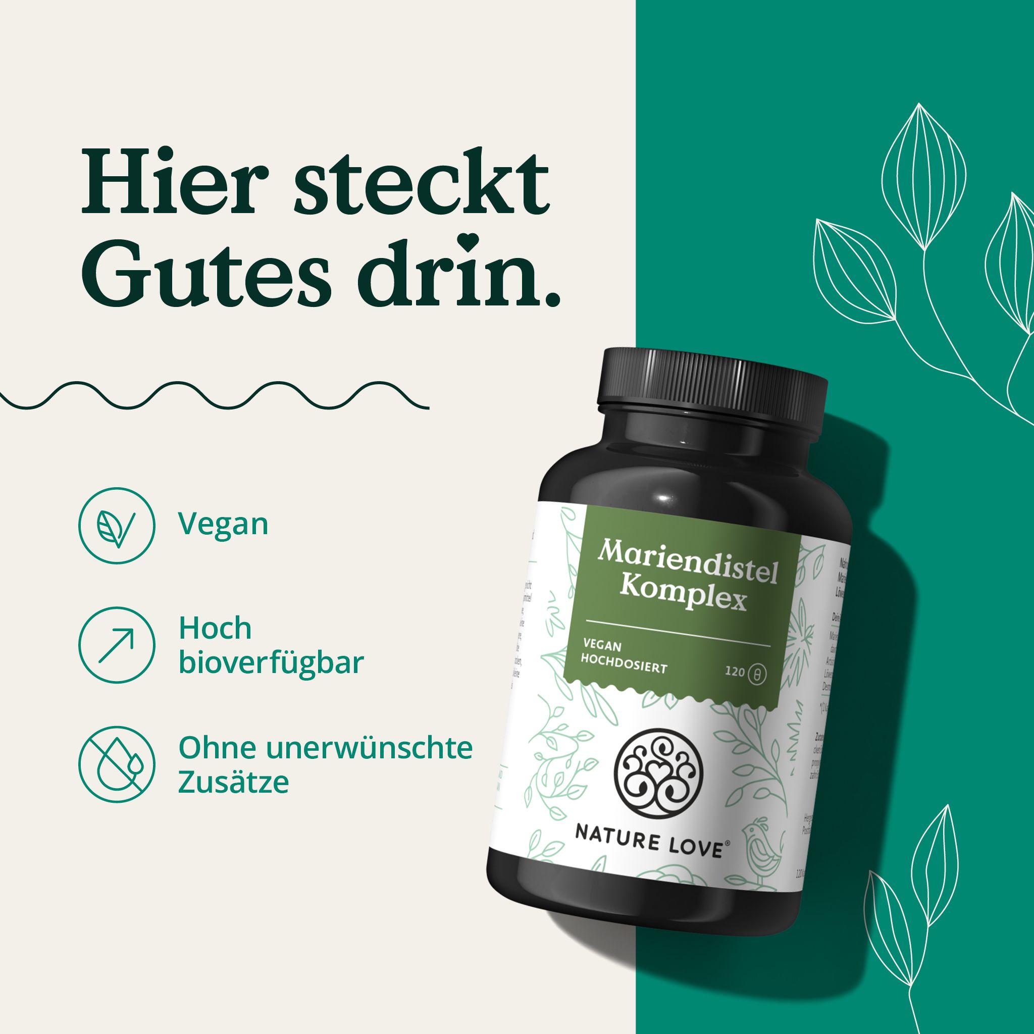Braune Flasche mit weißem Etikett. Text: Mariendistel Komplex, vegan, hochdosiert. Logo und 120 Kapseln. Symbole: vegan, hoch bioverfügbar, ohne Zusätze.