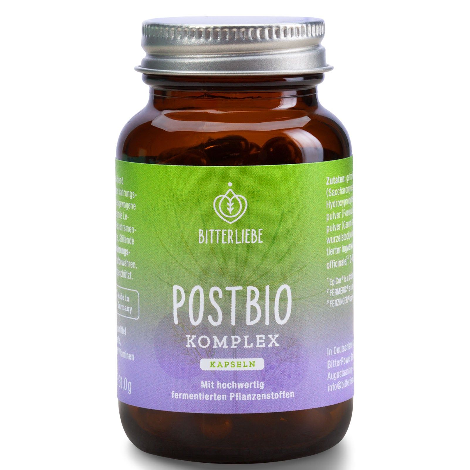 Braune Glasflasche mit Kapseln. Etikett mit "BitterLiebe Postbio Komplex Kapseln". Silberner Deckel.