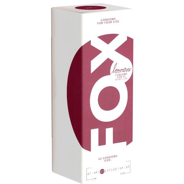 Verpackung mit 42 Loovara Kondomen, Größe 53. Aufschrift 'FOX SIZE 53'.