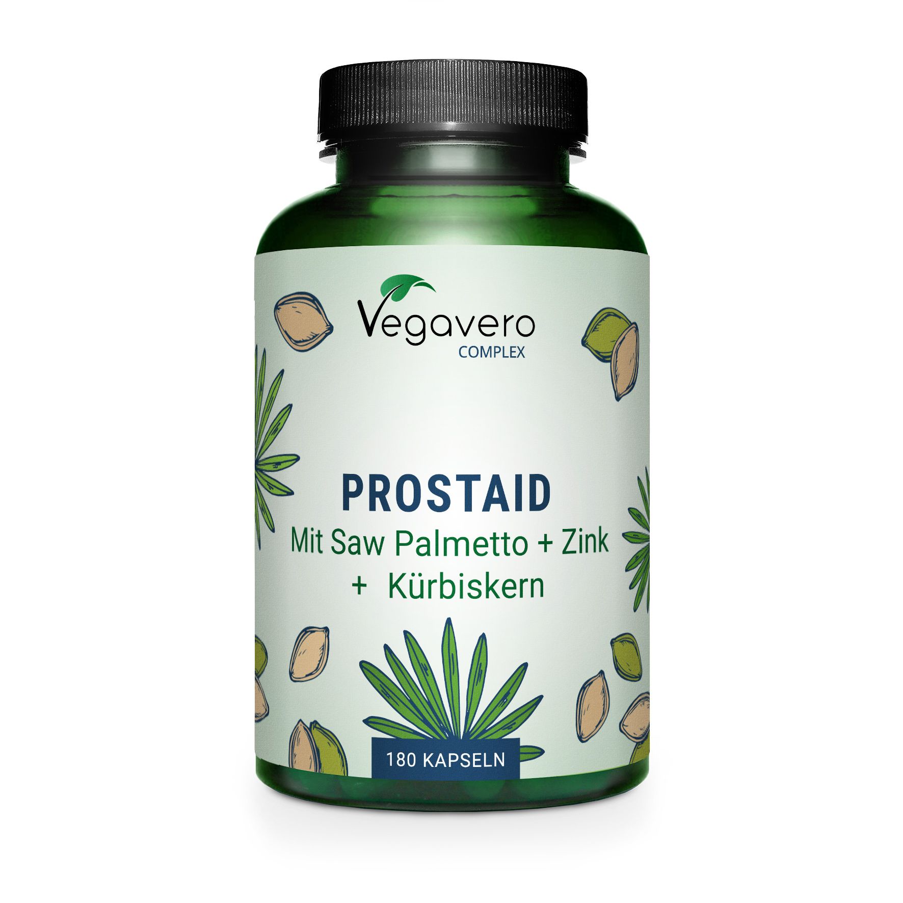 Grüne Flasche mit schwarzen Deckel. Aufschrift: VEGAVERO COMPLEX, PROSTAID, Mit Saw Palmetto + Zink + Kürbiskern. 180 Kapseln.