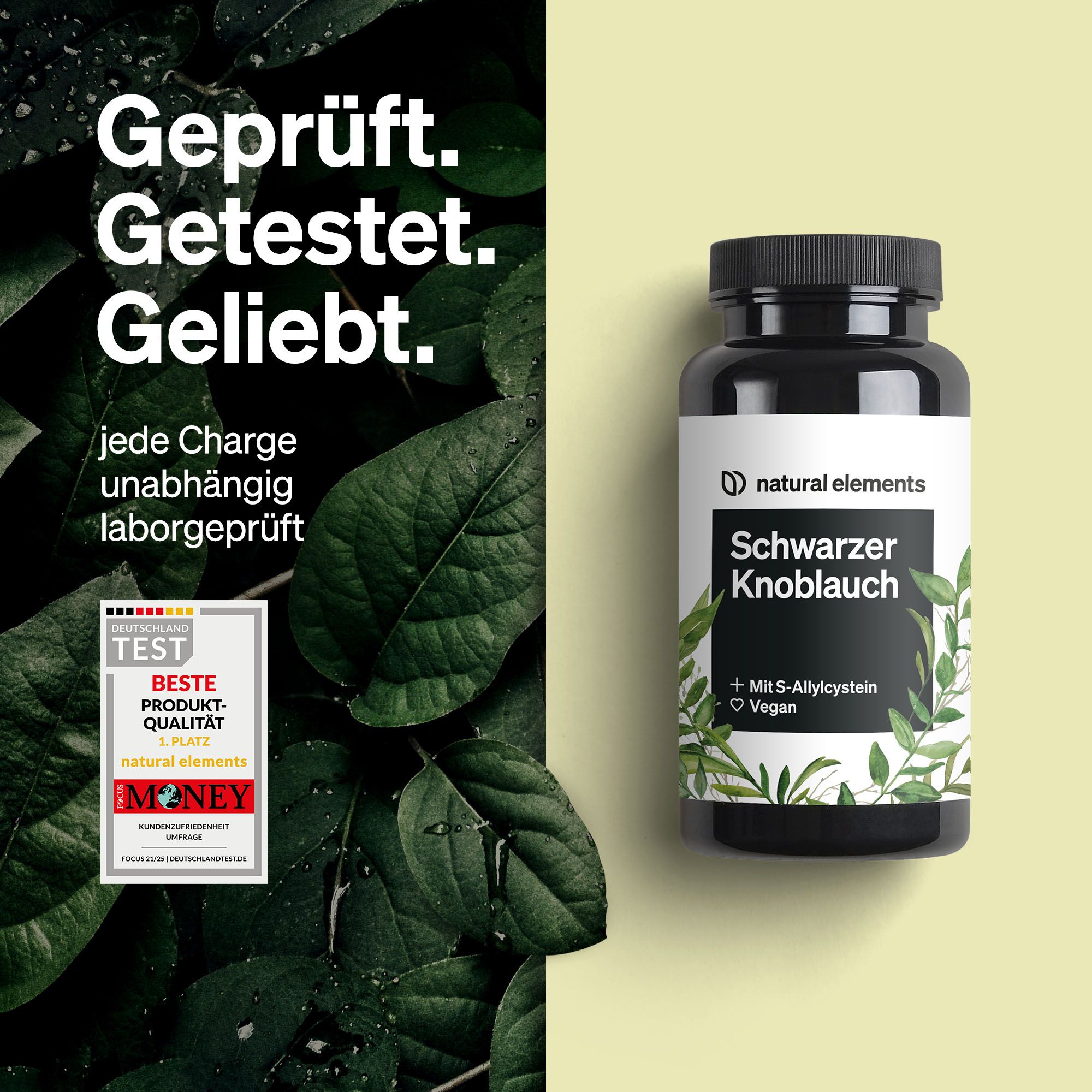 Schwarzer Knoblauch Kapseln neben Blättern. Text: Geprüft. Getestet. Geliebt. Unabhängig laborgeprüft. Auszeichnung.