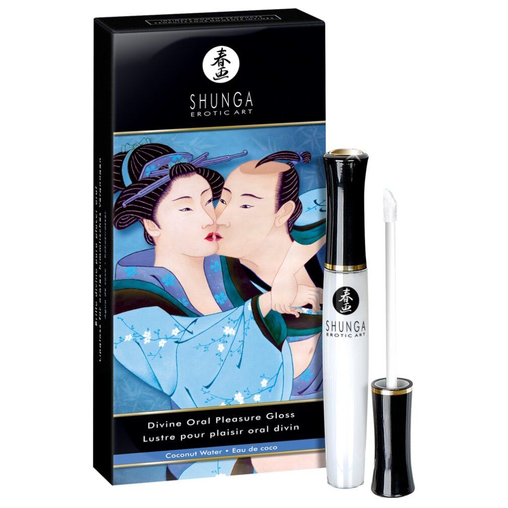 Produktflasche und Verpackung. Aufschrift: Shunga, Divine Oral Pleasure Gloss. Abbildung: Paar. Kokoswasser.