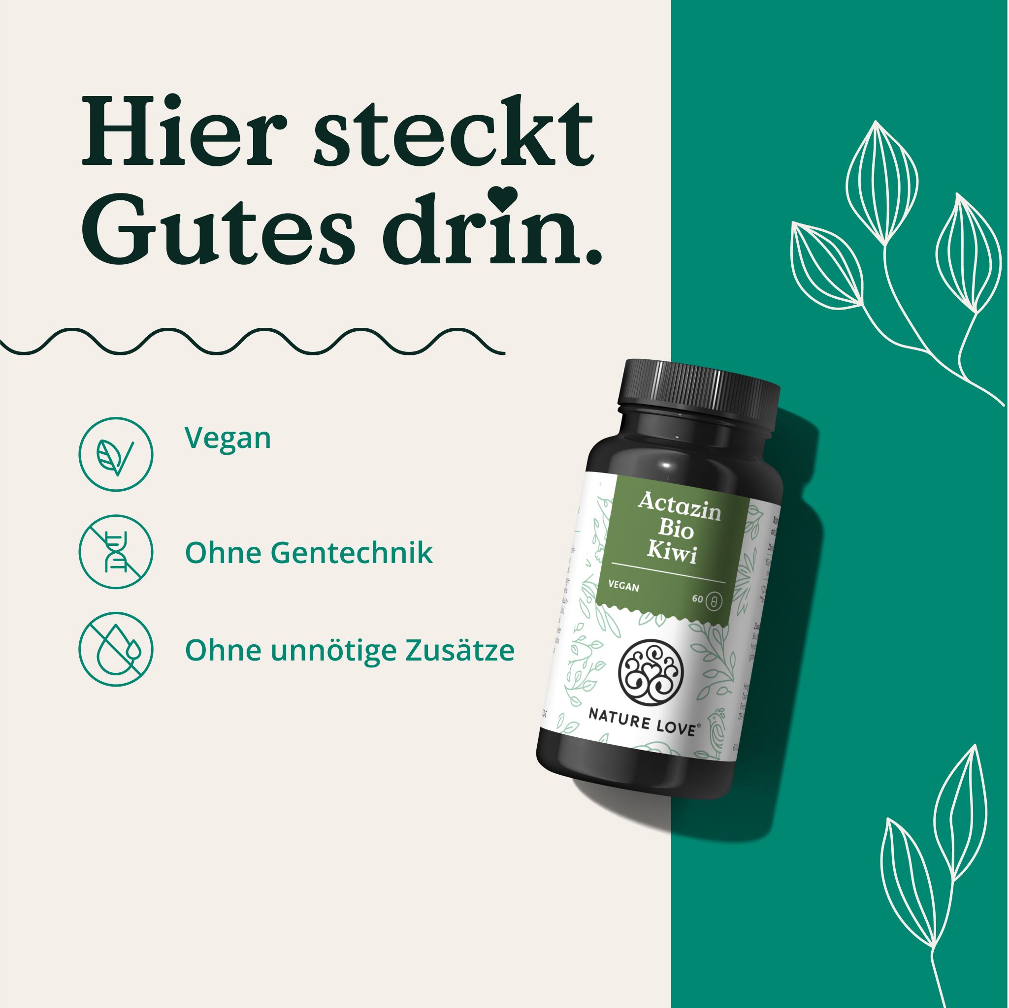 Produktflasche mit Etikett. Text: Actazin Bio Kiwi, Vegan. Logos: Vegan, Ohne Gentechnik, Ohne unnötige Zusätze. Nature Love Logo.