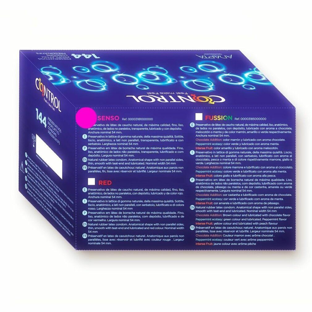 Blau-violette Verpackung mit Produktinformationen. Aufschrift "CONTROL 144". Rückseite mit Text in verschiedenen Sprachen.