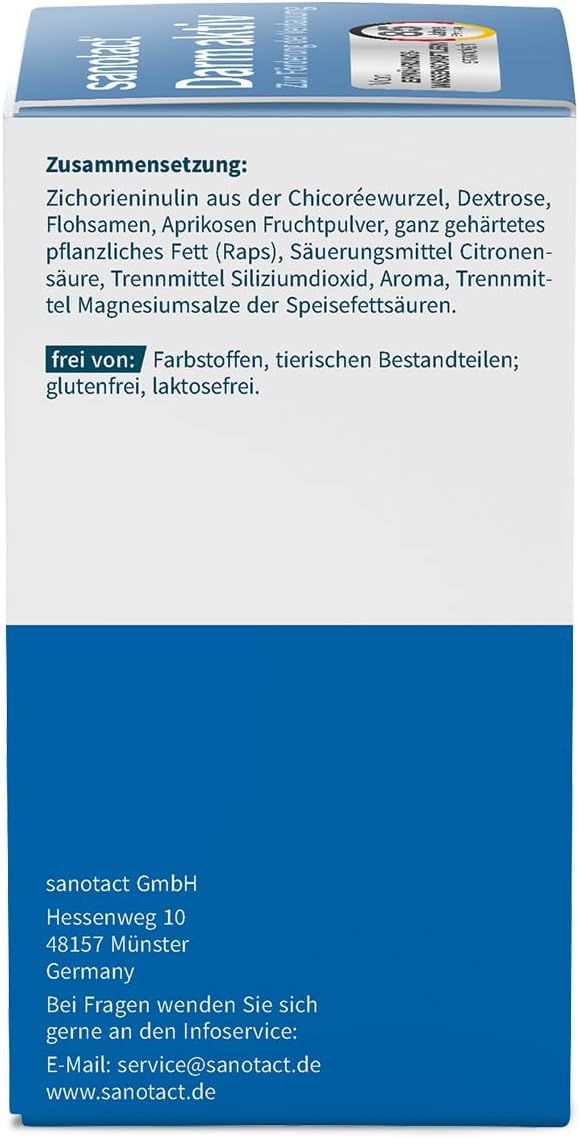 Seite der Sanotact Darm aktiv-Verpackung. Text: Zusammensetzung, frei von, Kontaktdaten des Herstellers.