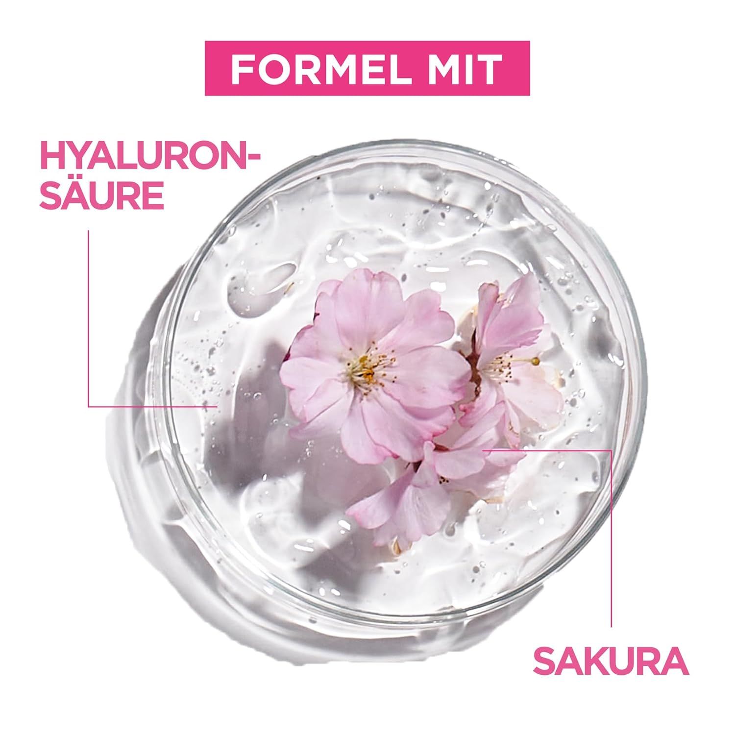 Glasbehälter mit Flüssigkeit und Kirschblüten. Text: Hyaluronsäure, Sakura.