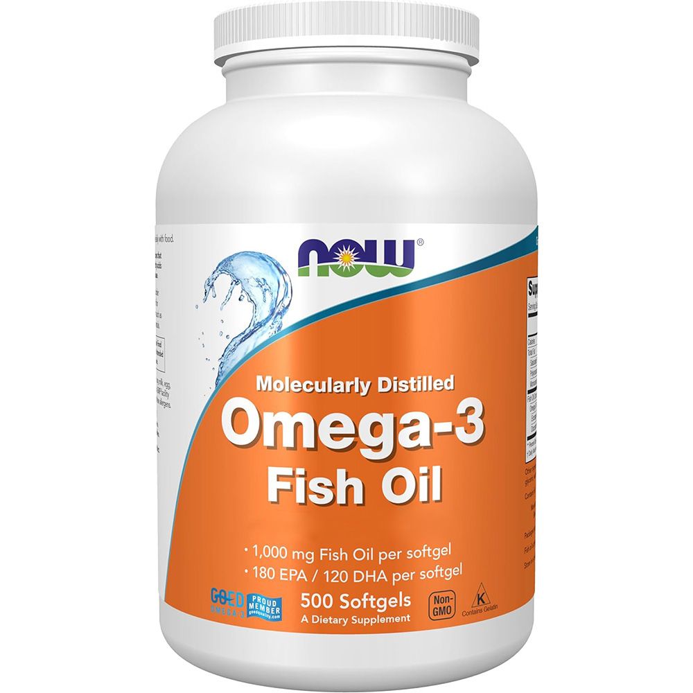 Weiße Flasche mit Etikett. Text: Now, Omega-3. Enthält 500 Softgels. Nicht-GVO. Nahrungsergänzungsmittel.