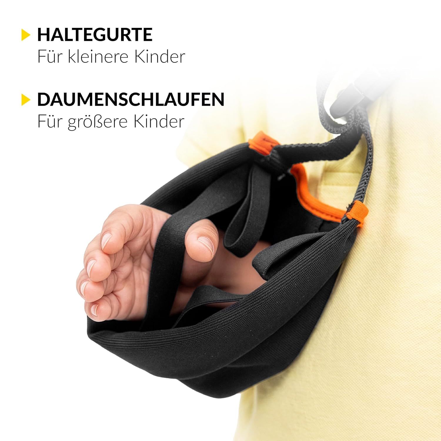 Nahaufnahme einer Kinder-Armschlinge mit verstellbarem Gurt und Schnalle.