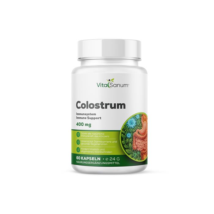 VitaSanum Colostrum Kapseln: Weißer Behälter mit 60 Kapseln, 400 mg. Zeigt Darm und Immunsystem.