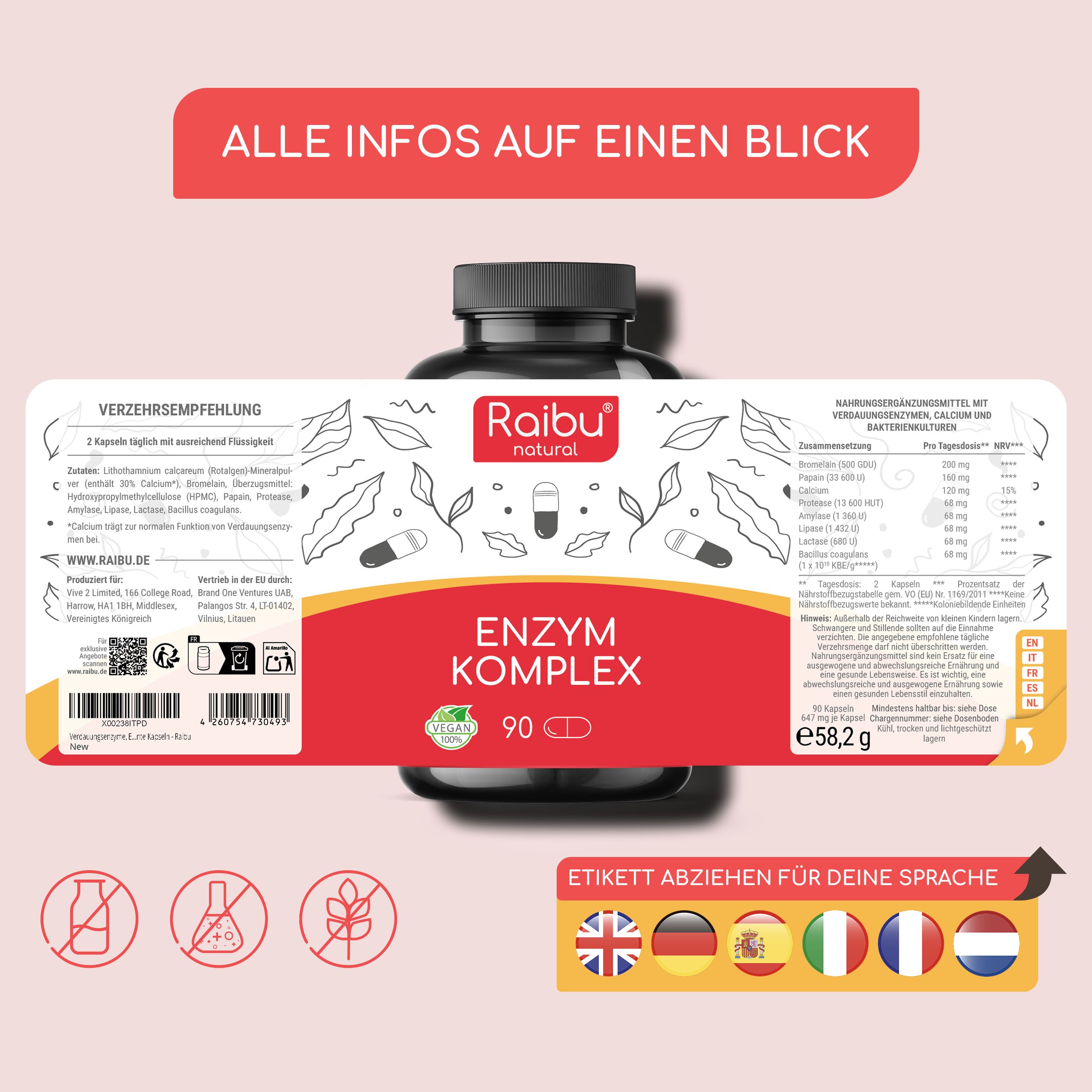 Flasche mit Etikett. Informationen zu Enzym Komplex. Mehrsprachige Etiketten.