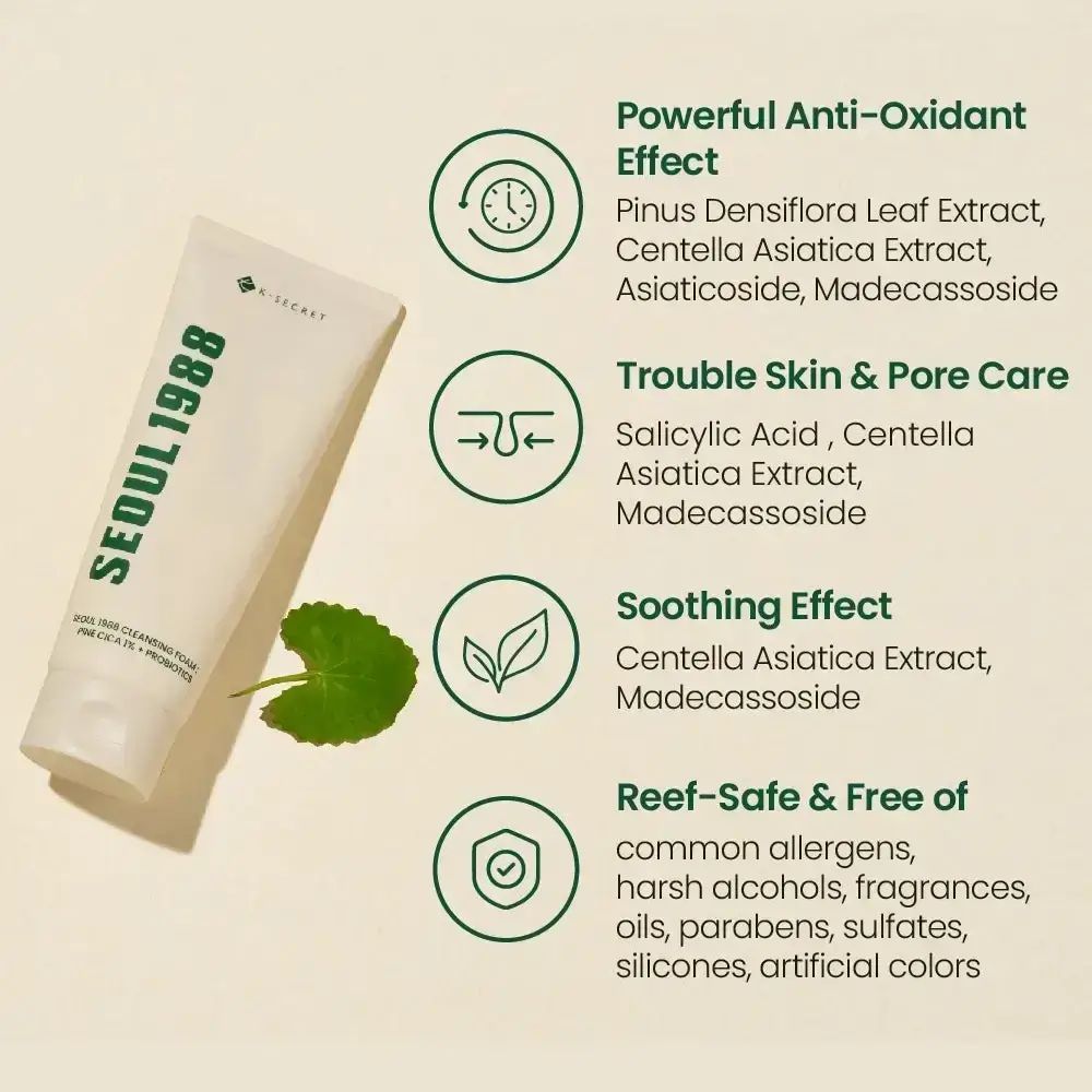 Produktinformationen mit Icons. Anti-Oxidant, Hautpflege, beruhigende Wirkung. Reef-Safe & frei von Allergenen.