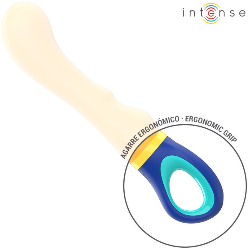 Gelb-blauer Vibrator mit ergonomischem Griff. Marke Intense.