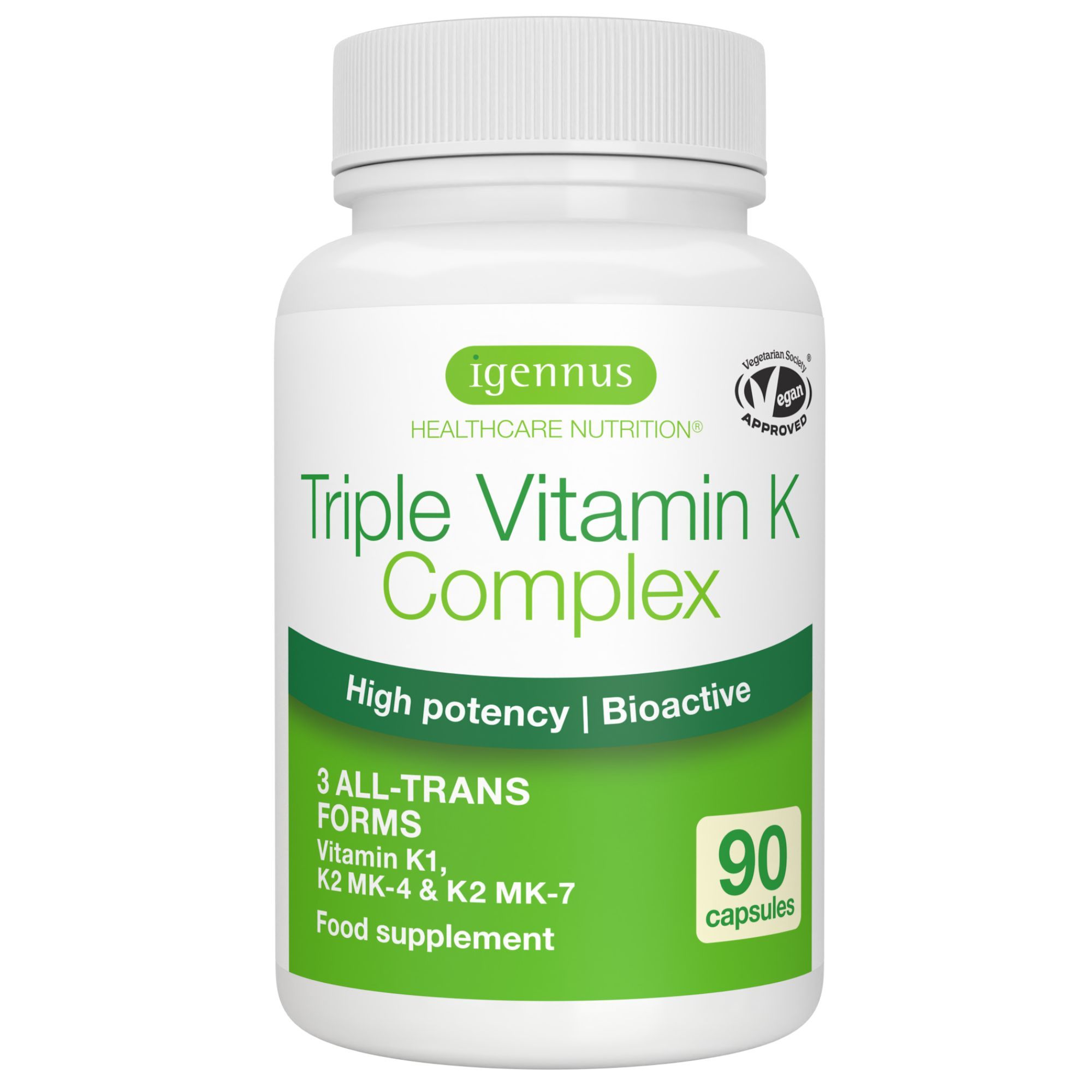Weiße Kapsel mit Igennus Triple Vitamin K Complex Etikett, 90 Kapseln.