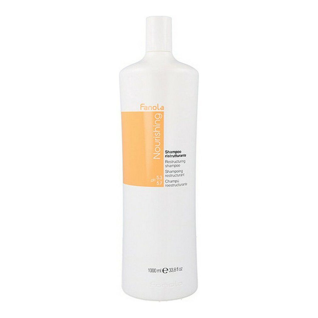 Weiße Flasche mit orangefarbenem Etikett. Text: Fanola, Nourishing, Shampoo ristrutturante. 1000 ml.