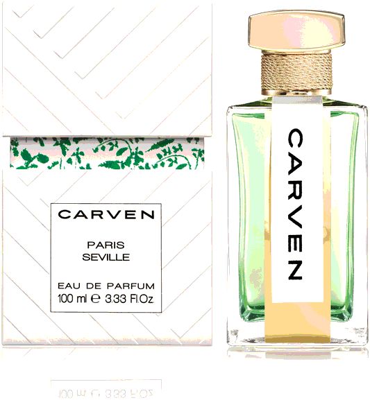 Flakon und Verpackung von Carven Paris Séville Eau de Parfum. Rechteckiger Glasflakon mit goldfarbenem Verschluss. Weiße Verpackung mit Logo.
