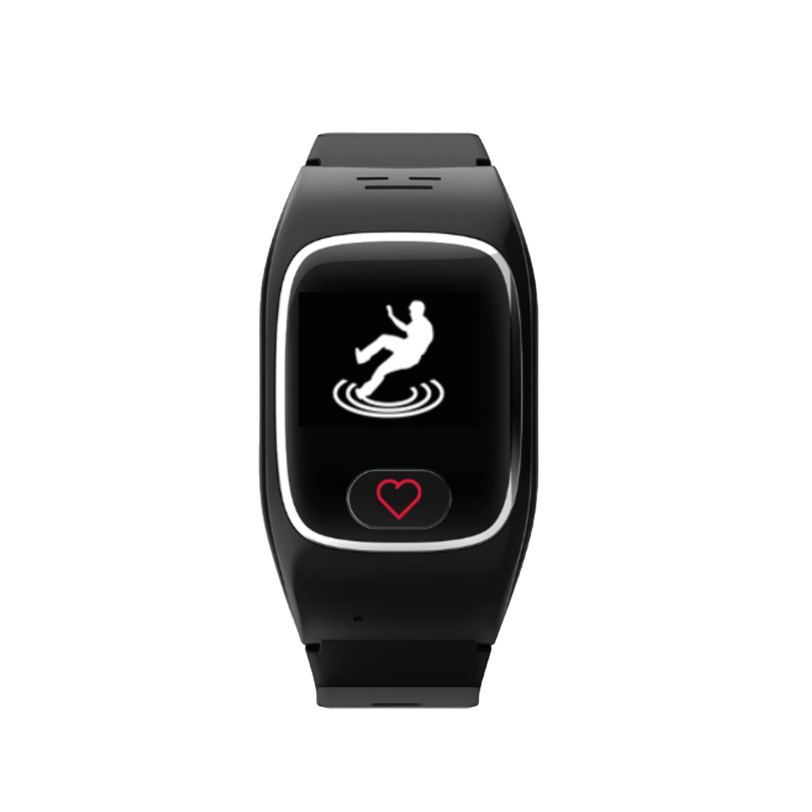 Schwarze Smartwatch mit Sturz-Symbol auf dem Display. Herzsymbol. Schwarzes Armband.