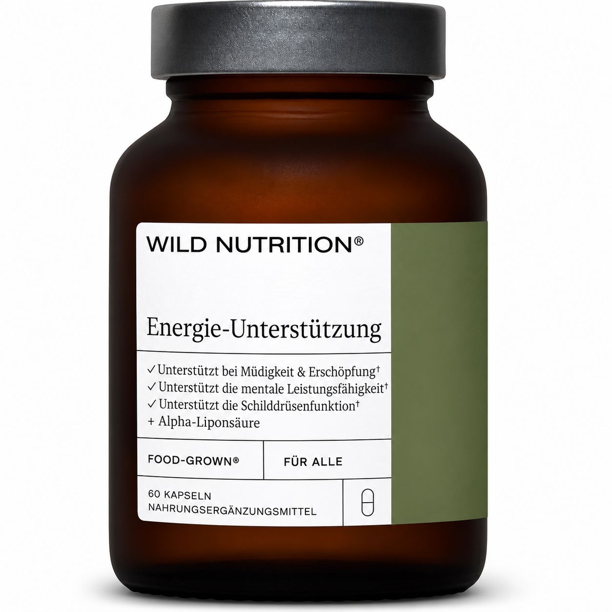 Braune Glasflasche mit Etikett 'Wild Nutrition', Energie-Unterstützung, 60 Kapseln.