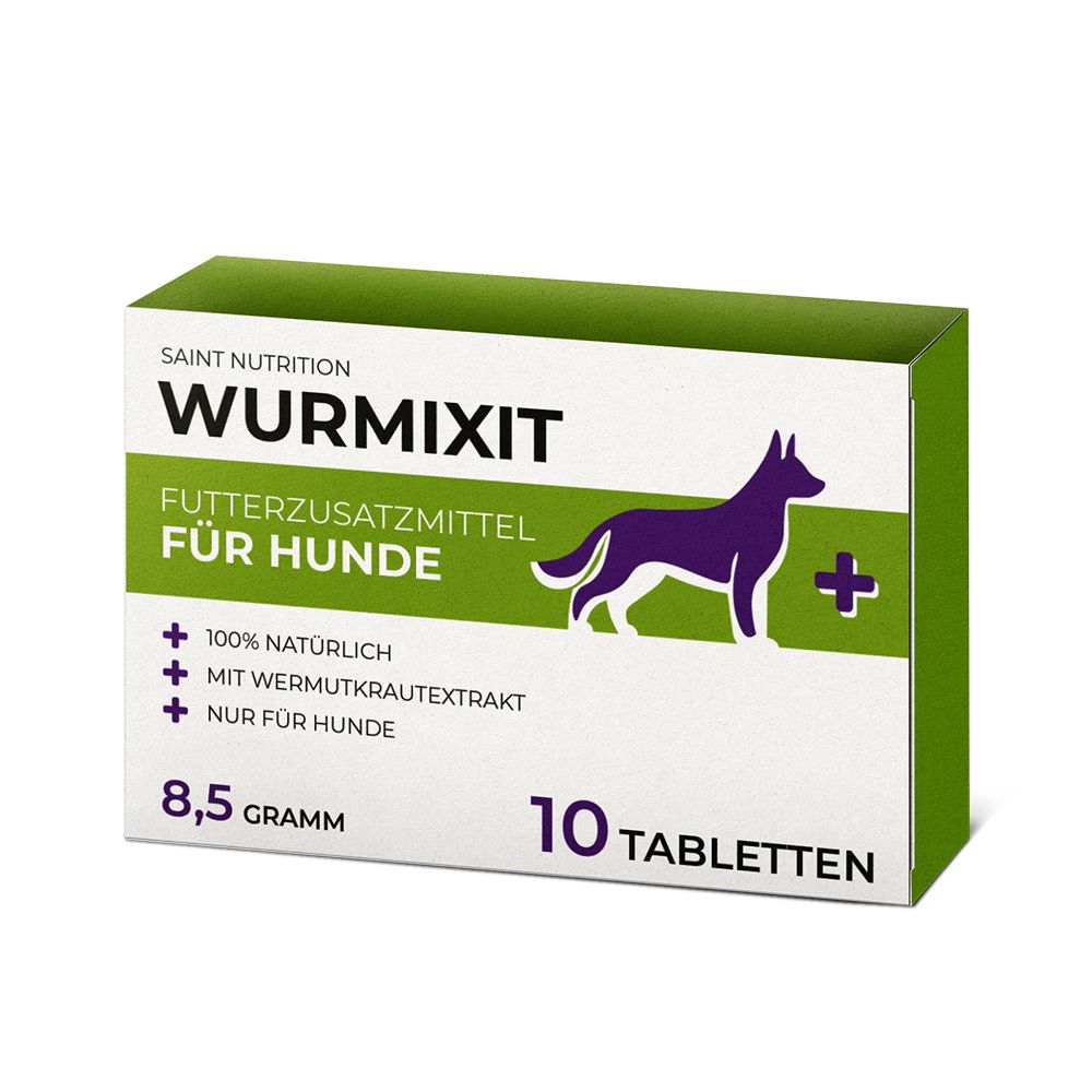 Karton mit Wurm Tabletten für Hunde. Aufschrift: Wurmixit, 10 Tabletten, 8,5 Gramm. Grün-weiße Verpackung.