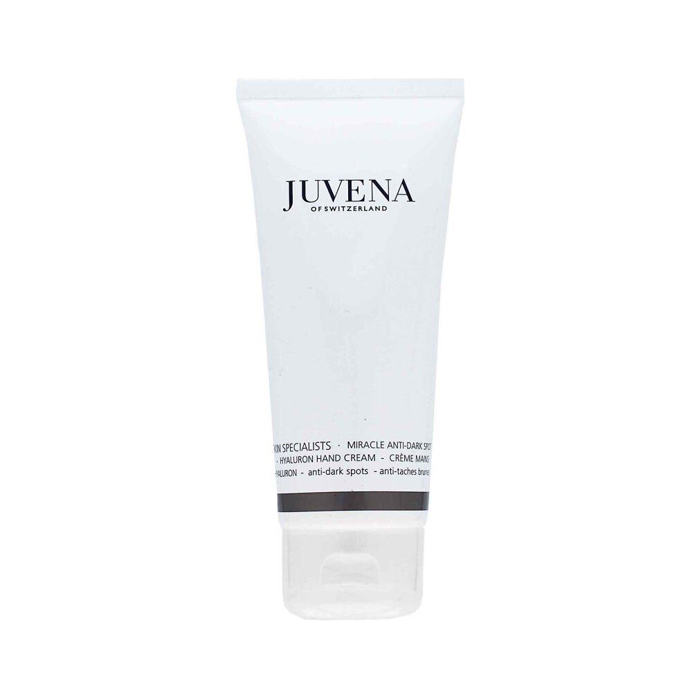 Weiße Tube mit Aufschrift JUVENA. Text: MIRACLE ANTI-DARK SPOT HYALURON HAND CREAM. Anti-Flecken.