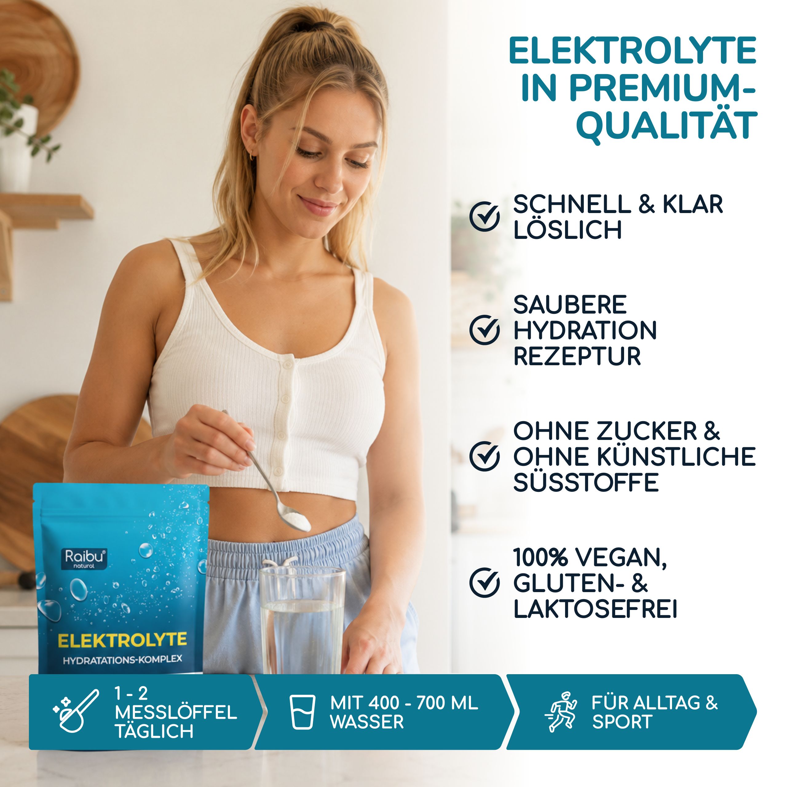 Frau bereitet Elektrolytgetränk zu, Beutel und Glas, vegan, glutenfrei, laktosefrei.