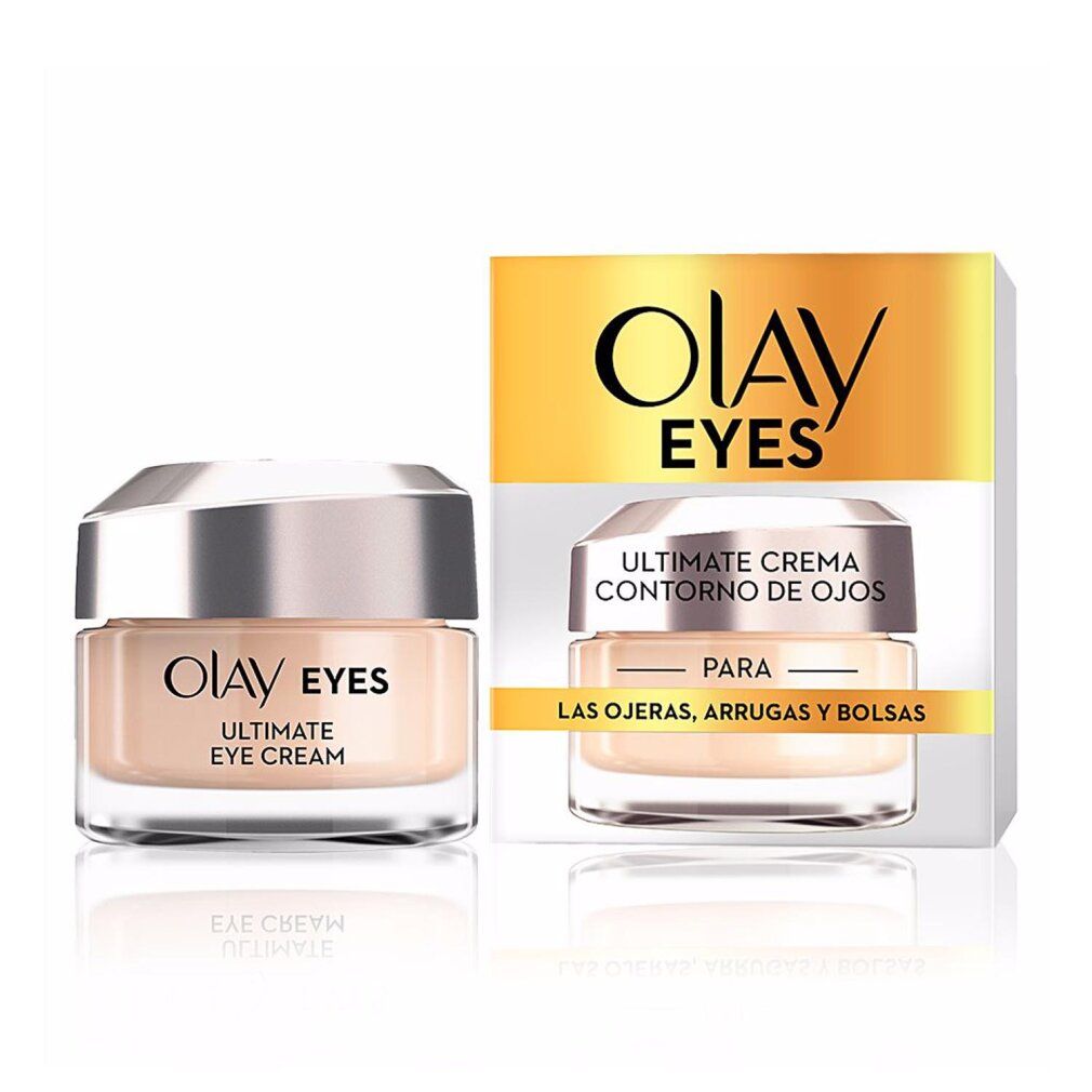 Creme-Tiegel und Verpackung. Aufschrift: Olay Eyes Ultimate Eye Cream. Verpackung mit Produktabbildung und Text.