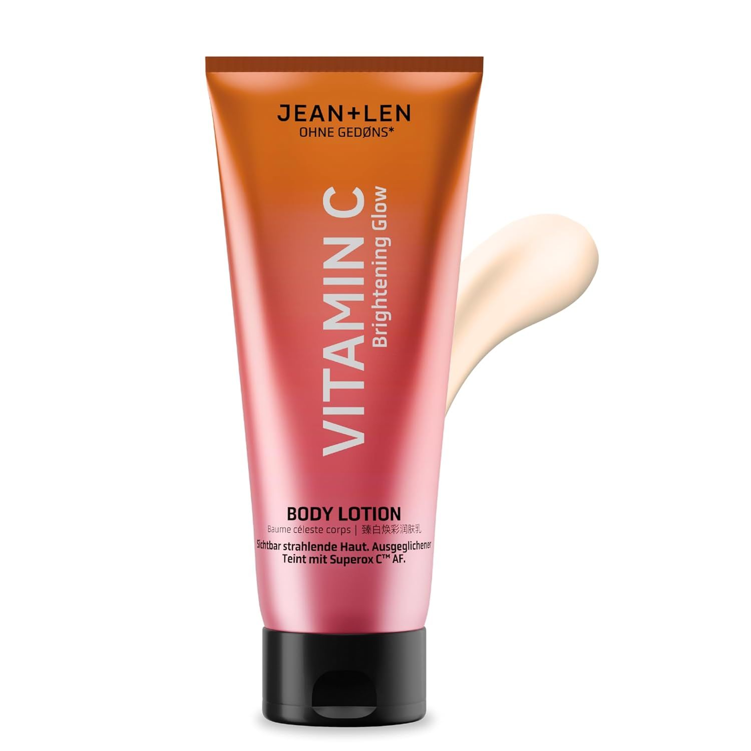 Tube Body Lotion Vitamin C, Marke Jean & Len. Farbverlauf von Orange nach Rosa. Klecks Creme daneben.