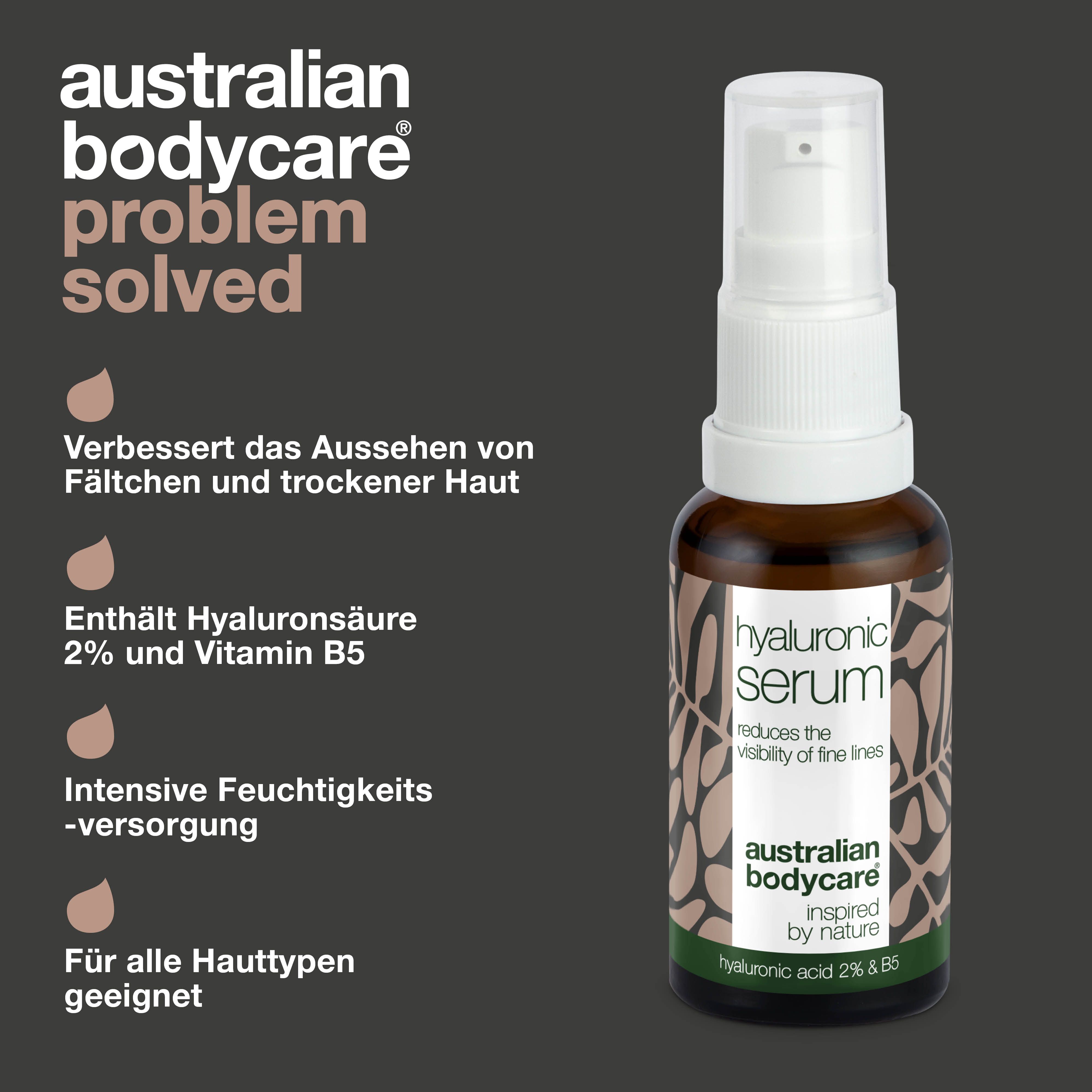 Braune Flasche mit weißem Pumpkopf. Aufschrift: Hyaluronic Serum, australian bodycare.