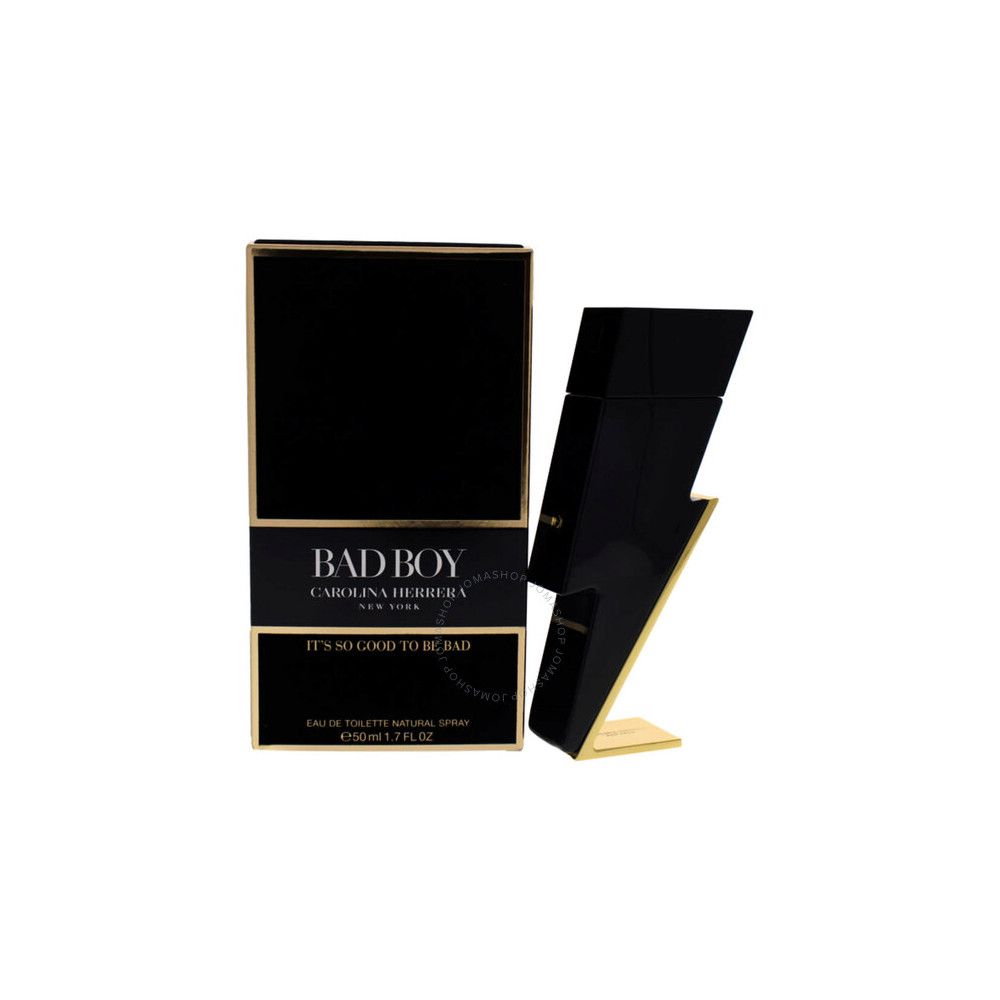 Schwarzer Flakon in Blitzform, goldfarbener Fuß, neben rechteckiger Verpackung mit Schriftzug BAD BOY.