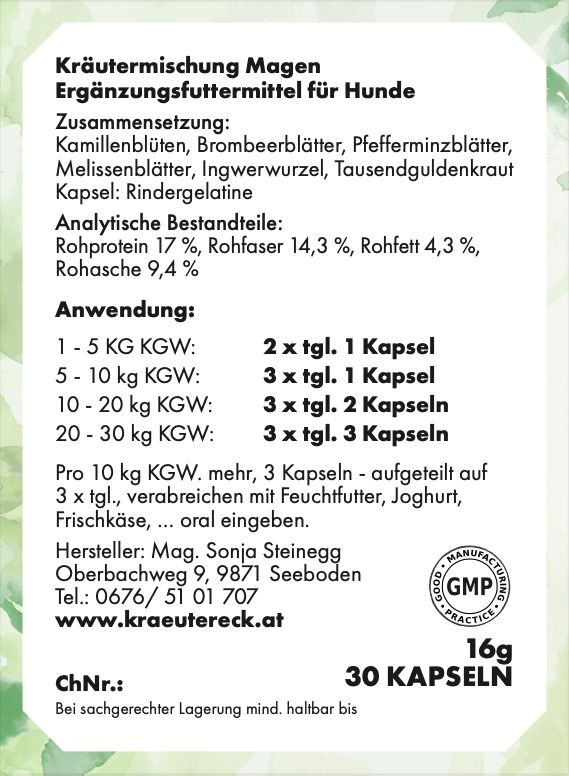 Etikett mit Text: Kräutermischung Magen, Ergänzungsfuttermittel für Hunde. Inhaltsstoffe, Analytische Bestandteile, Anwendung, Hersteller, 30 Kapseln, 16g.