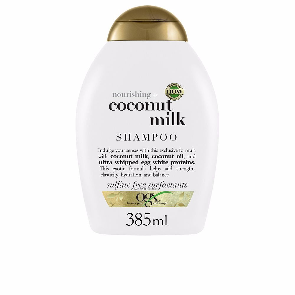 Weiße Shampoo-Flasche mit goldfarbenem Deckel. Aufschrift: nourishing + coconut milk SHAMPOO. Marke: OGX. 385ml.