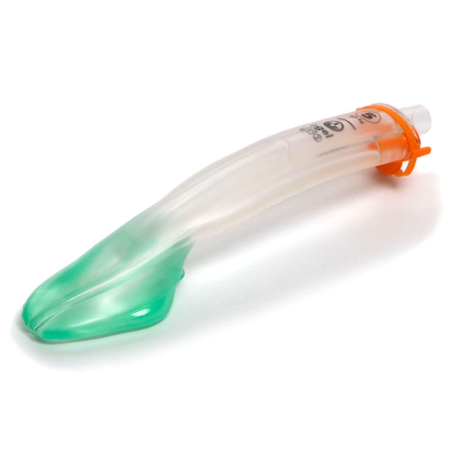 i-gel Plus Larynxmaske, Größe 4, transparent mit grüner Spitze und orangefarbenem Kragen.