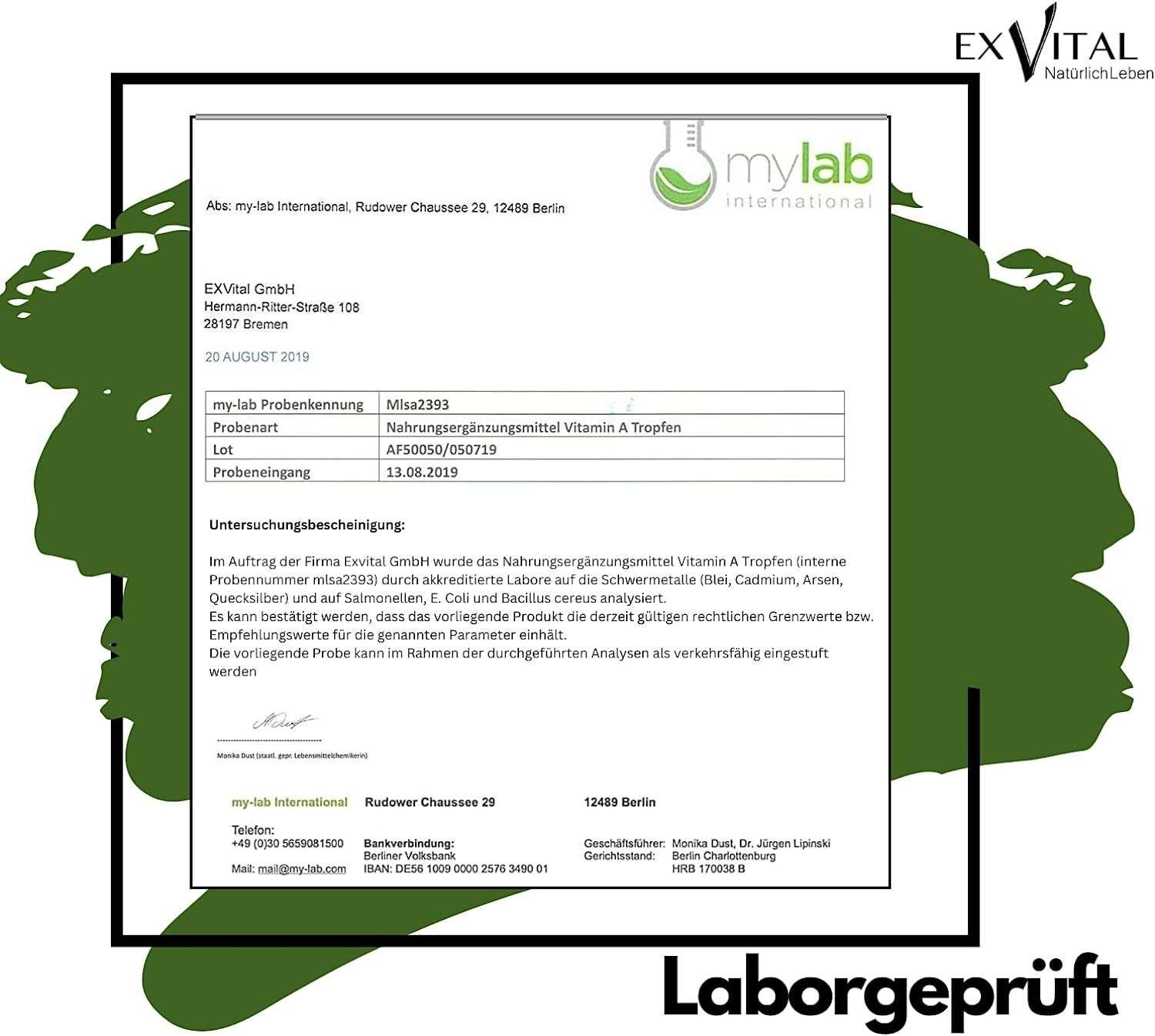 Laborbericht für EXVital Vitamin A Tropfen mit Testergebnis.