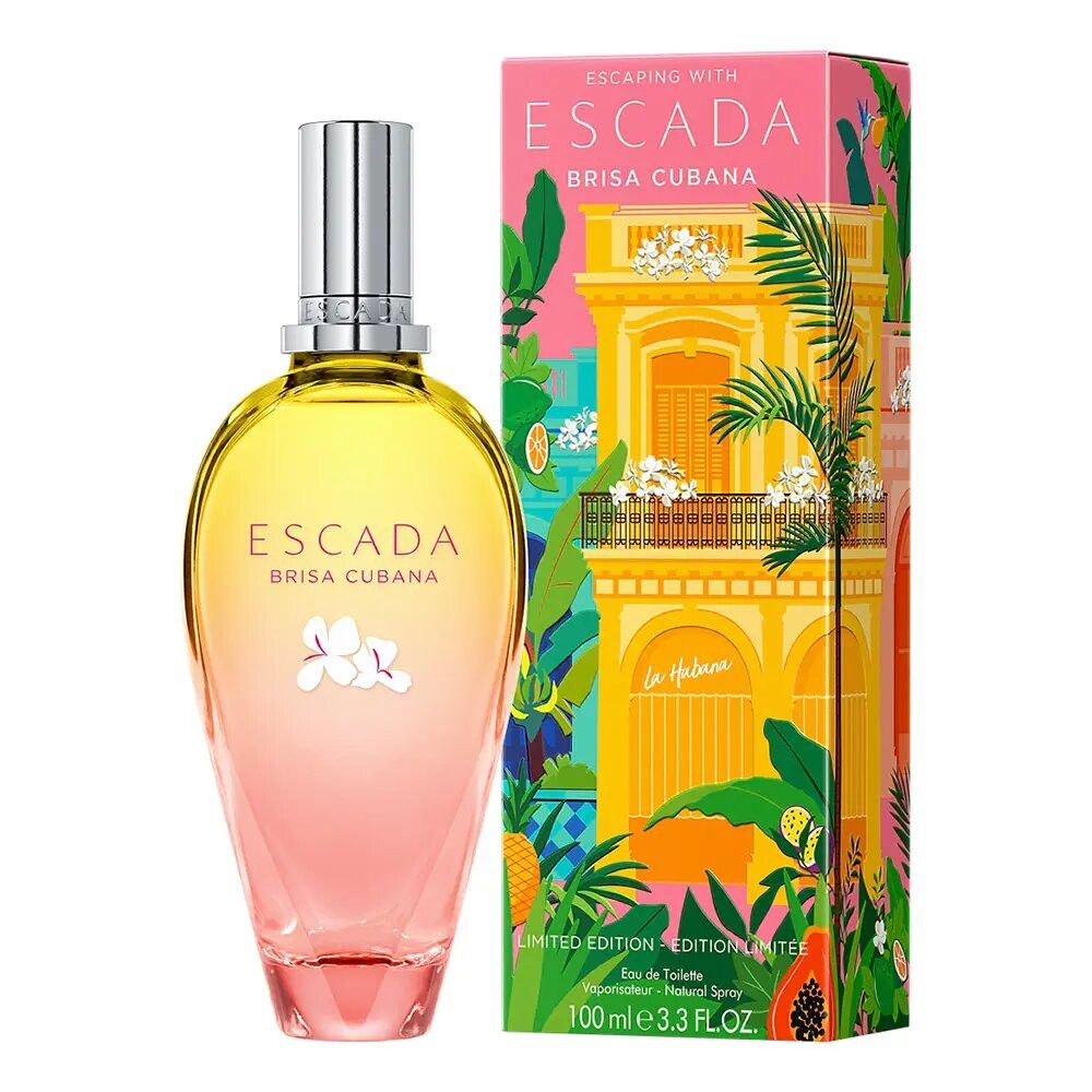 Escada Brisa Cubana EdT Nat. Spray. Flakon mit gelb-rosa Farbverlauf, silberner Verschluss. Verpackung mit kubanischem Motiv.