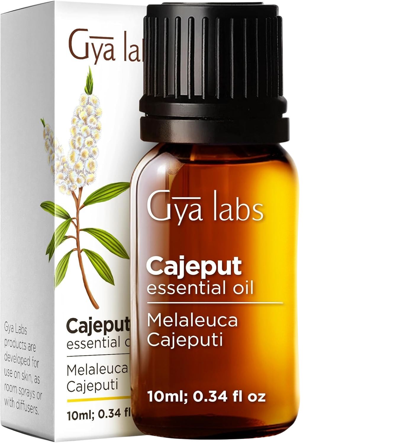 Braune Glasflasche mit schwarzem Deckel und weißer Verpackung. Text: Gya Labs Cajeput essential oil.