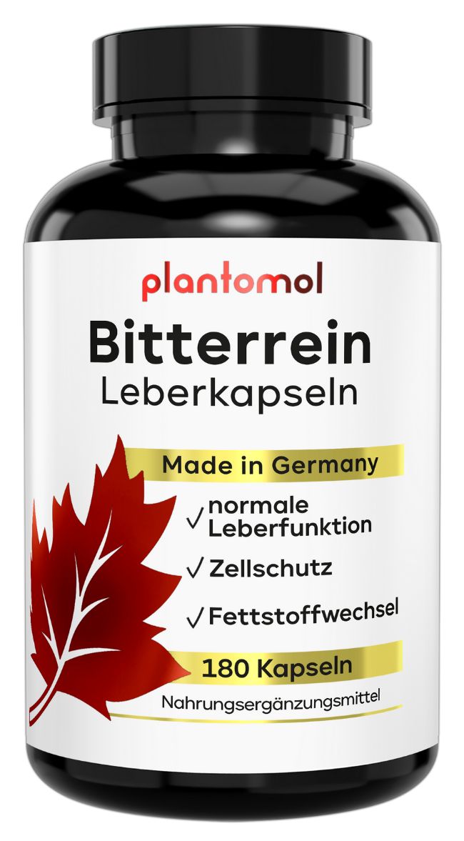 Schwarze Flasche mit plantomol® Bitterrein Leberkapseln. Rotes Blatt-Logo. Text: Made in Germany, 180 Kapseln.