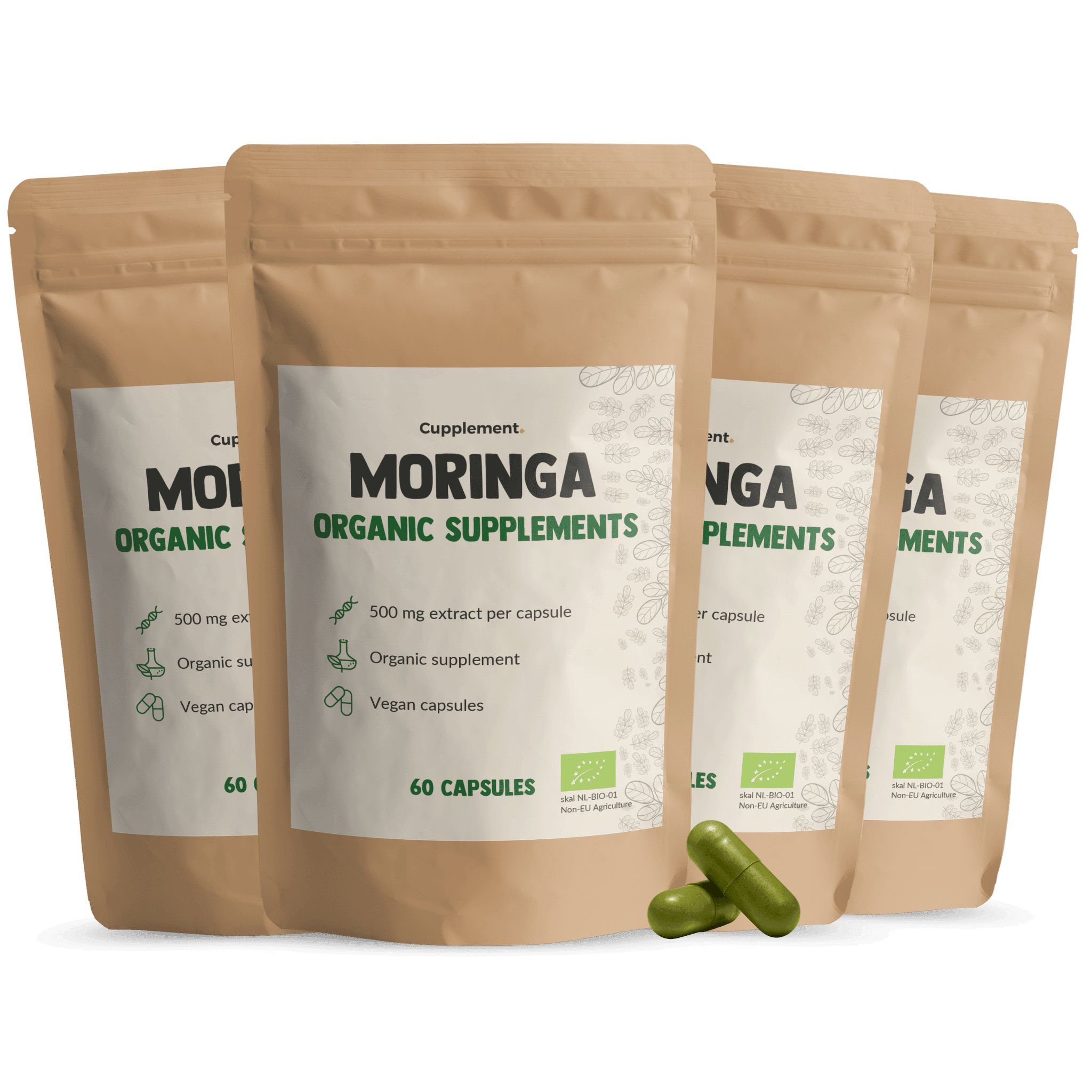 Mehrere Beutel mit Moringa Kapseln. Aufschrift: Moringa Organic Supplements, 60 Kapseln. Zwei Kapseln liegen daneben.