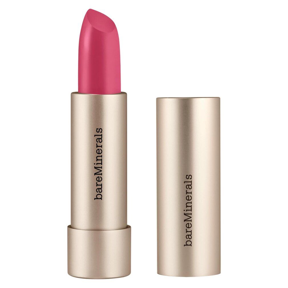 Rosafarbener Lippenstift in goldfarbener Hülse. Marke: bareMinerals. Deckel daneben.