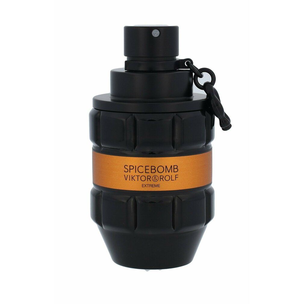 Schwarzer Flakon mit goldfarbenem Band. Aufschrift: SPICEBOMB VIKTOR&ROLF EXTREME. Mit schwarzem Verschluss.