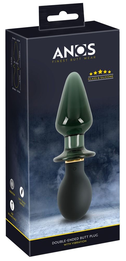 Verpackung: ANOS-Produkt. Doppelendiger Analplug mit Vibration. Glas & Silikon. Produktabbildung. Text: Finest Butt Wear.