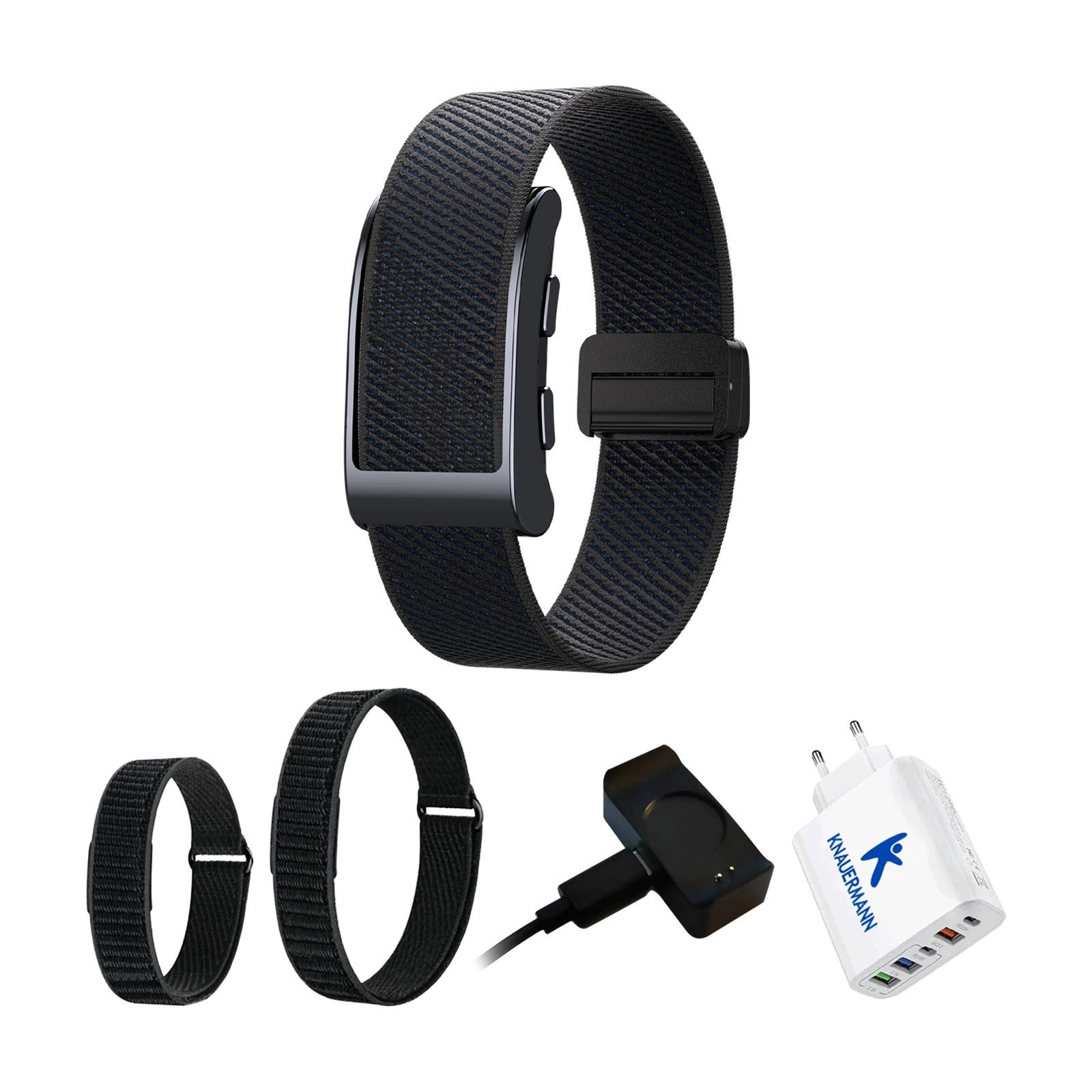 Schwarzes GPS Smart Armband mit Ladezubehör und zwei zusätzlichen Armbändern.