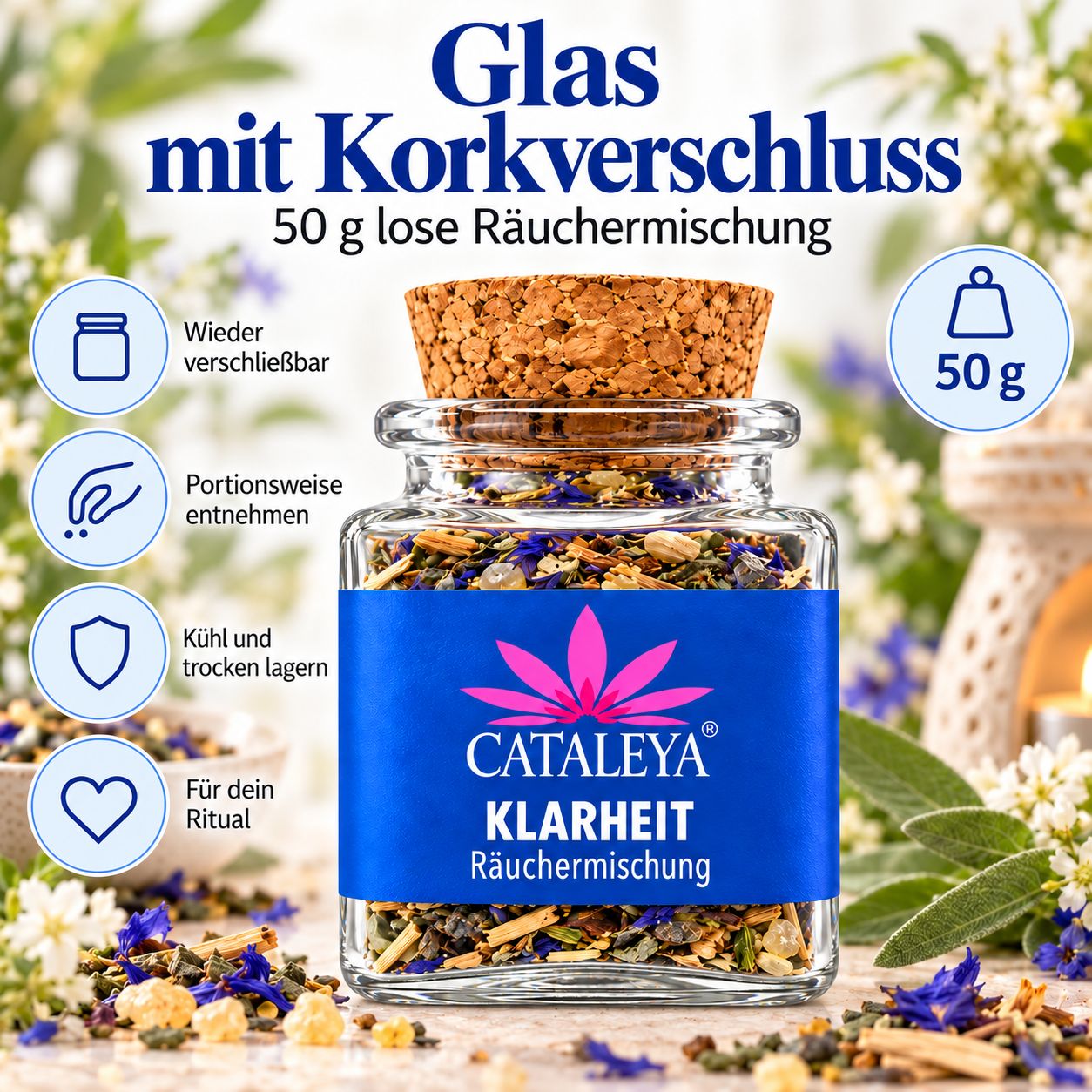 Glas mit Räuchermischung, Korkverschluss. Icons zeigen Wiederverschließbarkeit, Portionierung, Lagerung und Ritual.