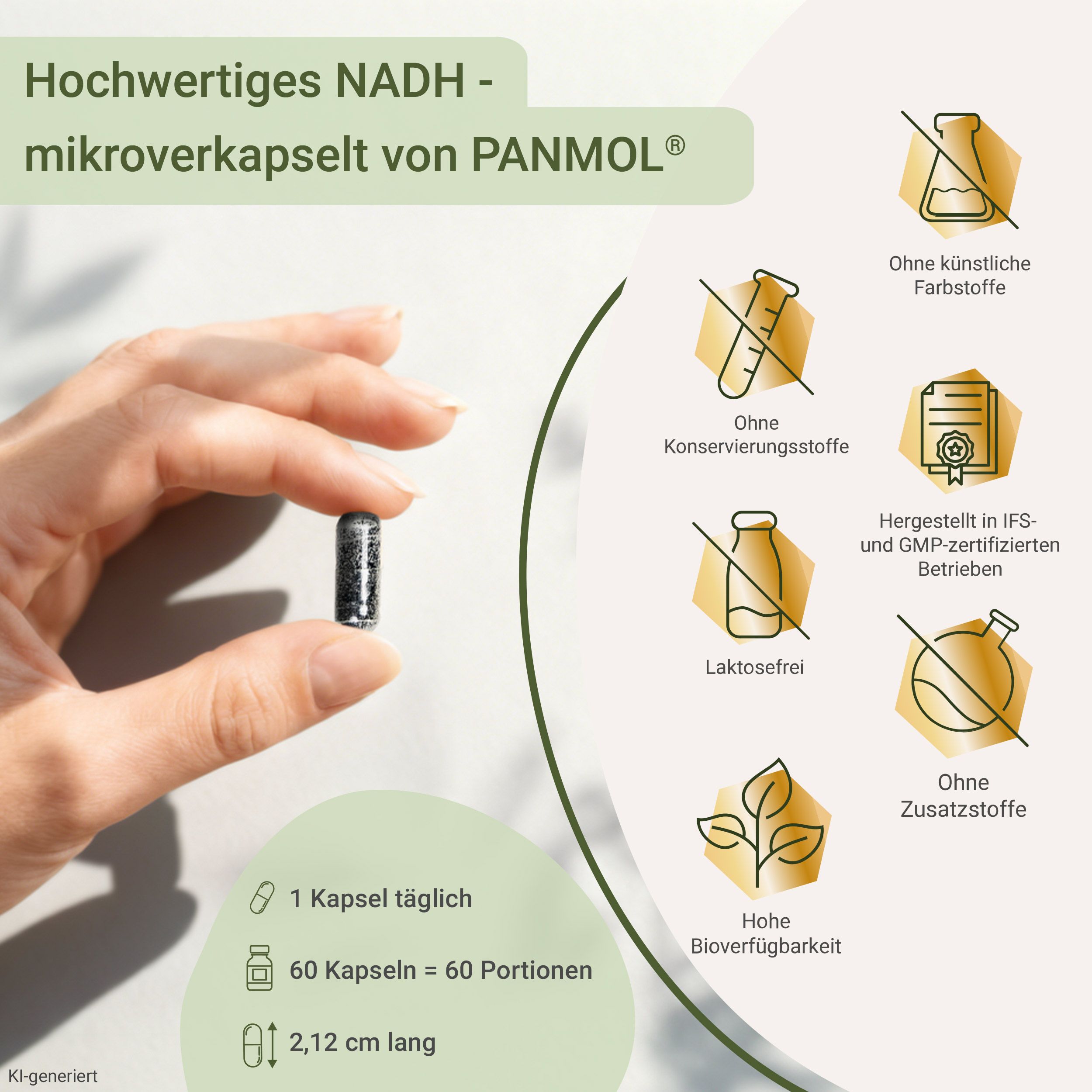 Hand hält eine einzelne NADH-Kapsel, daneben Informationen zu Dosierung und Größe.