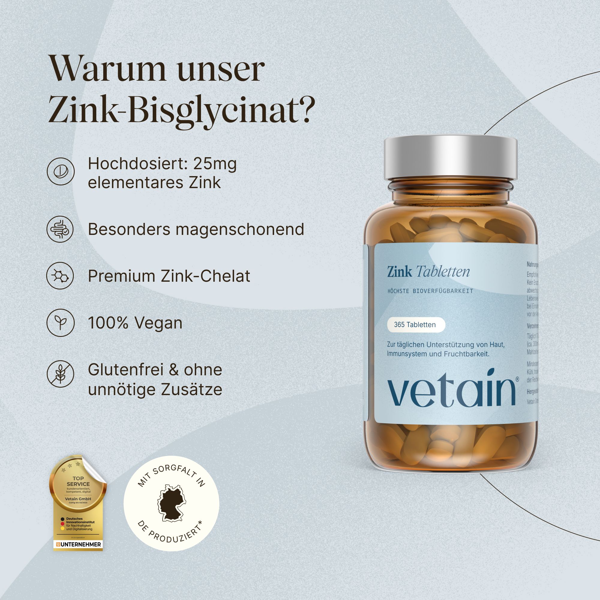 Vetaain Zink Bisglycinat: Hochdosiert 25mg, magenschonend, vegan, glutenfrei. Hergestellt in DE.