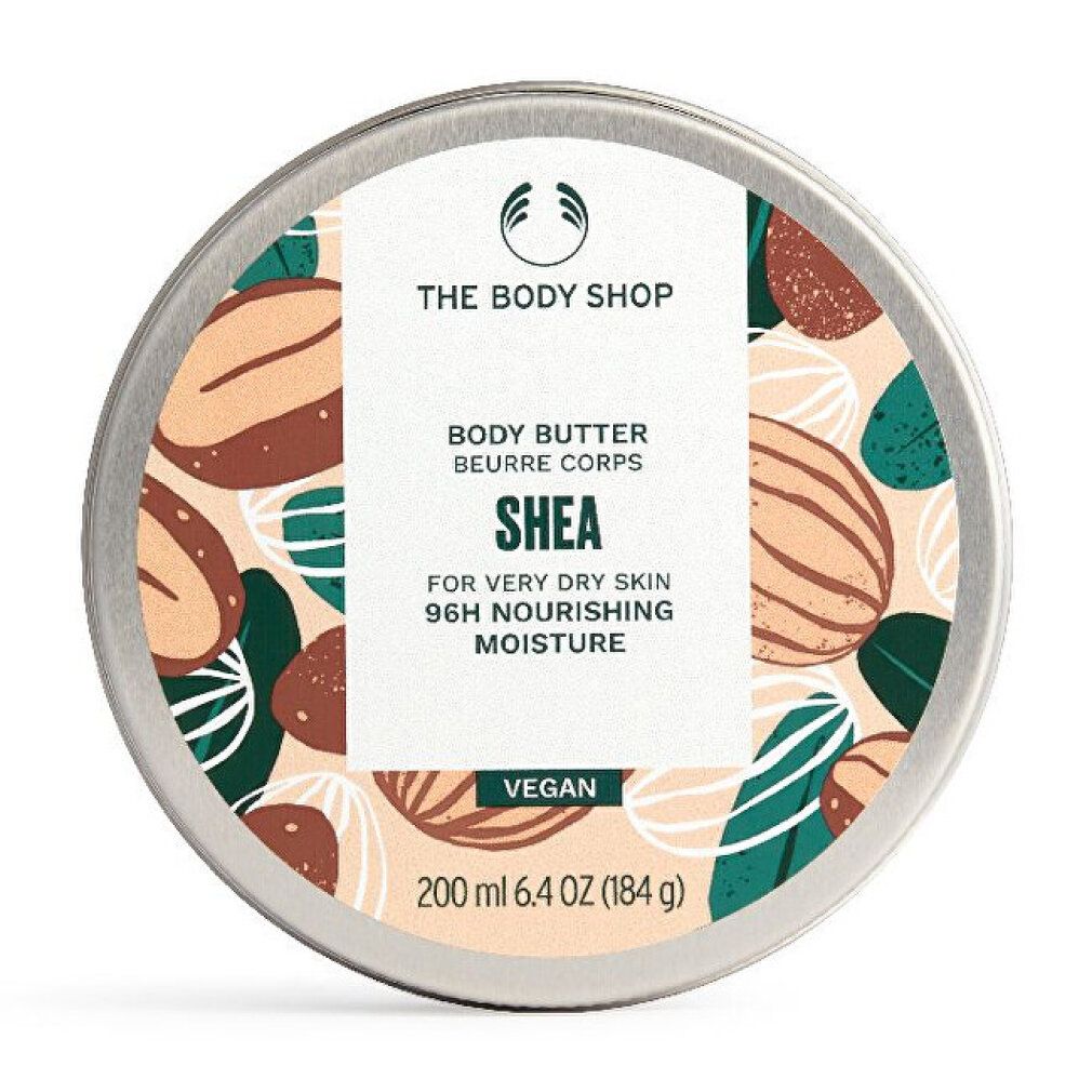 Runde Dose mit Deckel. Aufschrift: The Body Shop, Body Butter Shea, für sehr trockene Haut. Vegan. 200 ml.