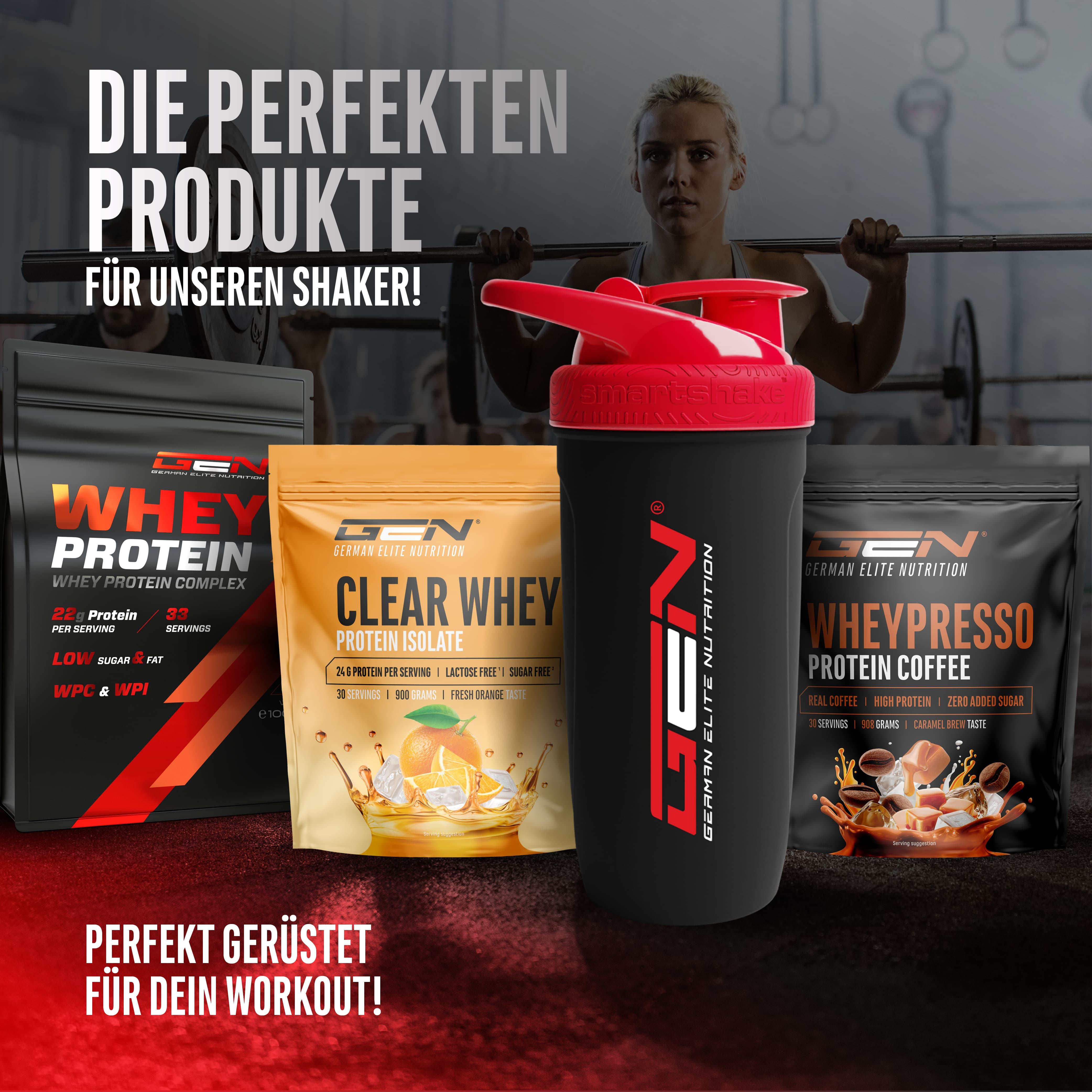 Shaker mit rotem Deckel neben Whey Protein Produkten. GEN-Logo. Text: Die perfekten Produkte für unseren Shaker!