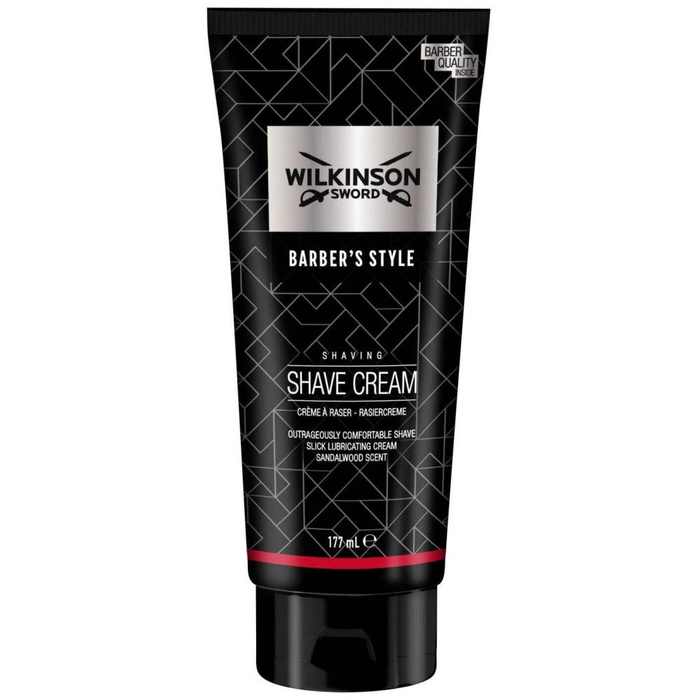 Rasiercreme-Tube. Schwarze Tube mit weißem Logo und Schriftzug "Barber's Style". "Shaving Shave Cream" und "177 ml" sichtbar.