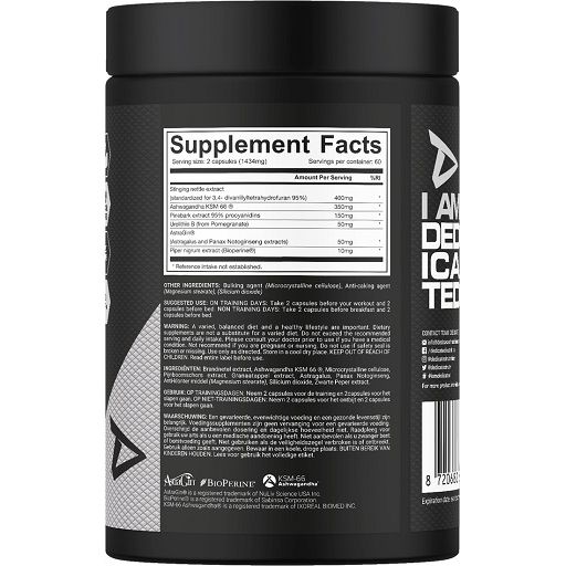 Rückseite einer schwarzen Dose. Text: "Supplement Facts". Zutatenliste. Logo "DEDICATED". Barcode.