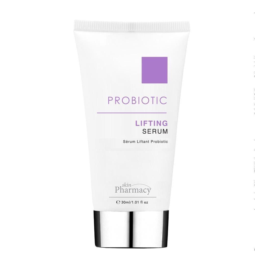 Weiße Tube mit silbernem Verschluss. Aufschrift: PROBIOTIC, LIFTING SERUM. Marke: skinPharmacy. Fassungsvermögen: 30ml/1.01 fl oz.