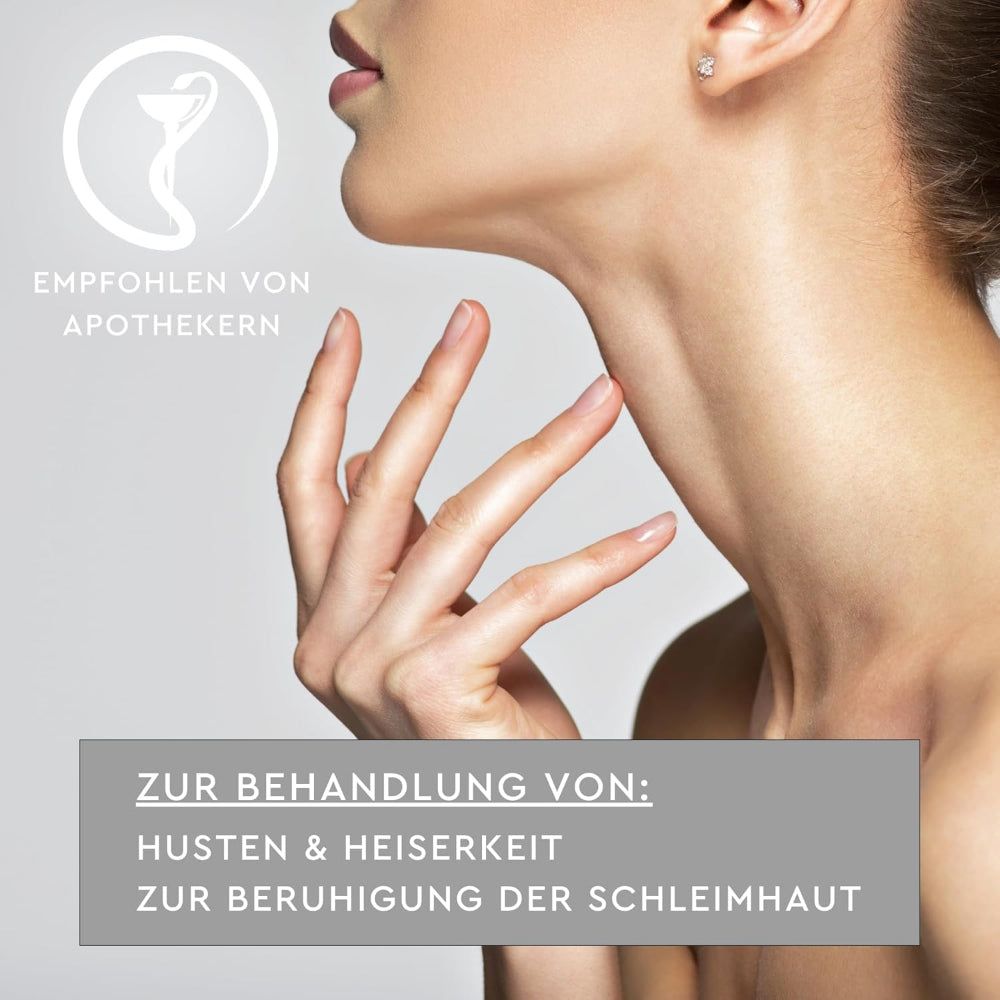 Hals- und Nackenpartie einer Frau. Text: Zur Behandlung von Husten & Heiserkeit, zur Beruhigung der Schleimhaut. Apotheken-Logo.